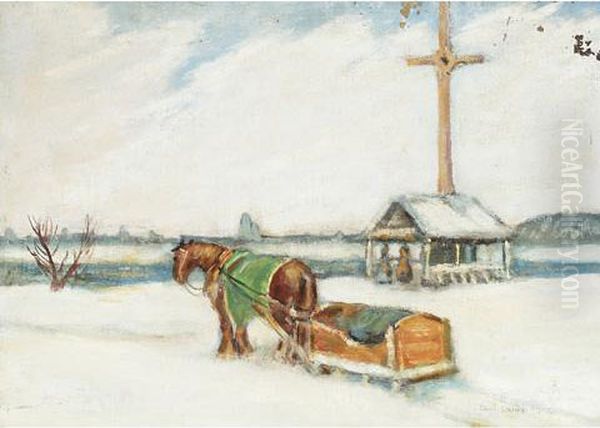 Horse Pulling Sleigh Oil Painting by Paul Archibald Caron