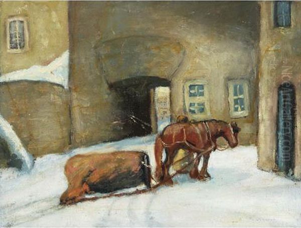 Horse And Sleigh In Village Oil Painting by Paul Archibald Caron