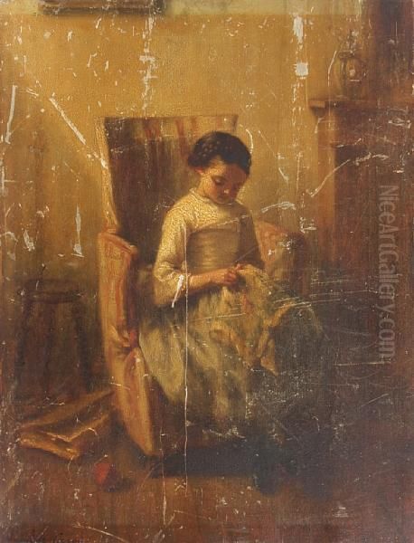 Young Girl Embroidering Oil Painting by Pauline Caron