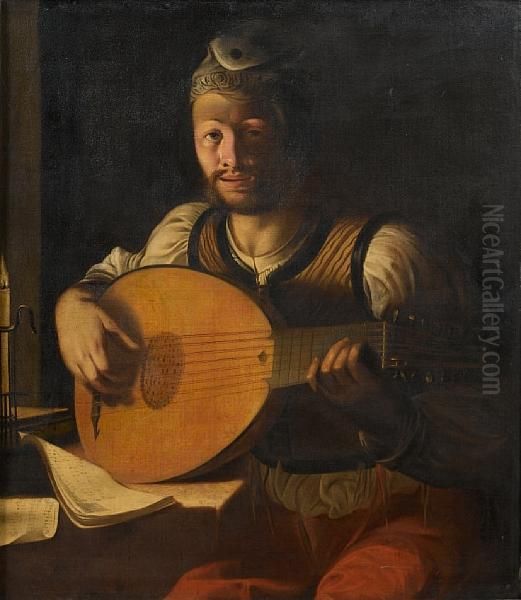 A Young Man Playing A Lute By Candlelight Oil Painting by Angelo Caroselli