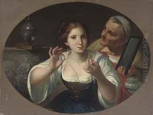 An Allegory Of Vanity, In A Painted Oval Oil Painting by Angelo Caroselli