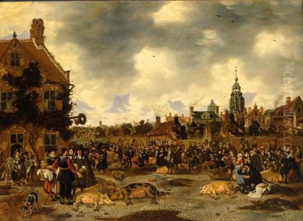 Pig Market near St Jacob's Church in the Hague Oil Painting by Sybrand Van Beest