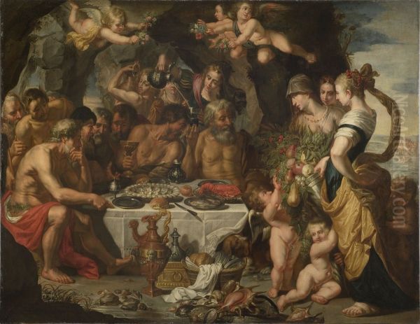 Feast of the Gods in a Cave near the Sea Shore Oil Painting by Gerard Seghers