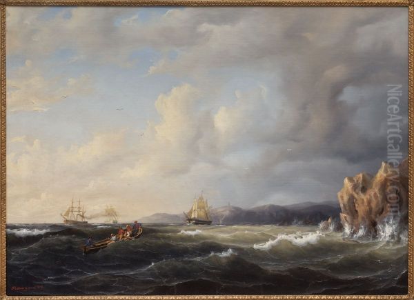 Ett barkskepp kryssar under Kullaberg Oil Painting by Marcus Larson