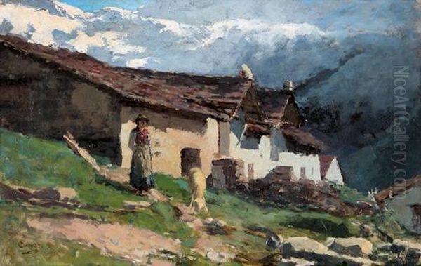 Pastorella In Montagna Oil Painting by Giuseppe Carozzi