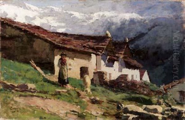 Pastorella In Montagna Oil Painting by Giuseppe Carozzi