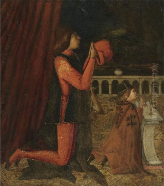 A Gentleman And His Son Kneeling At Prayer Before An Altar Oil Painting by Vittore Carpaccio