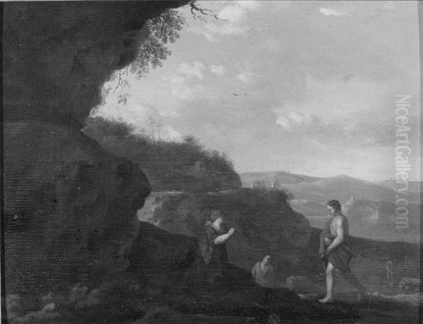 Klipplandskap med figurer Oil Painting by Cornelius van Poelenburgh