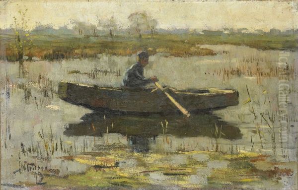 Man in een roeiboot Oil Painting by Herman Wolbers