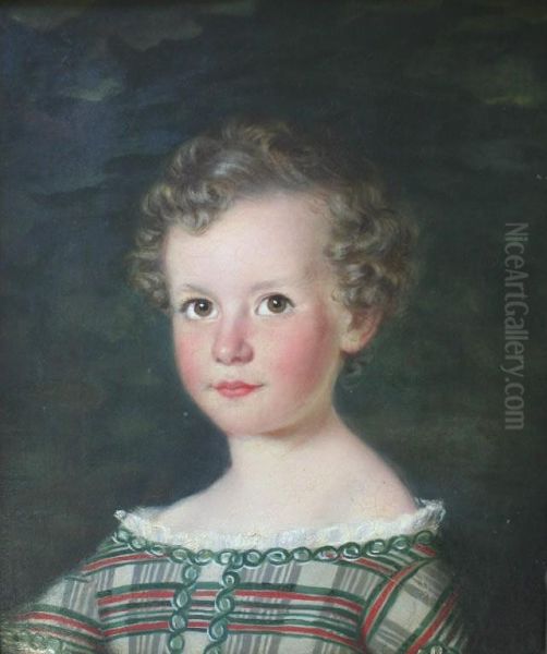 Portrait Of A Child In A Plaid Dress Oil Painting by Margaret Sarah Carpenter