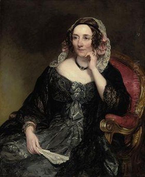 Portrait Of Selina, Lady Fitzwygram, Nee Hayes, Seated In An Armchair, In A Blue Dress With A Black Lace Shawl And Lace Headdress, Holding A Fan Oil Painting by Margaret Sarah Carpenter