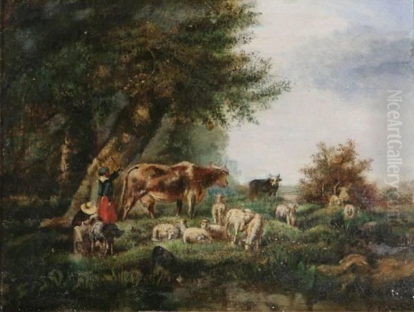 Koppel Herders Met Kudde Oil Painting by Henri Jos. Gommarus Carpentero