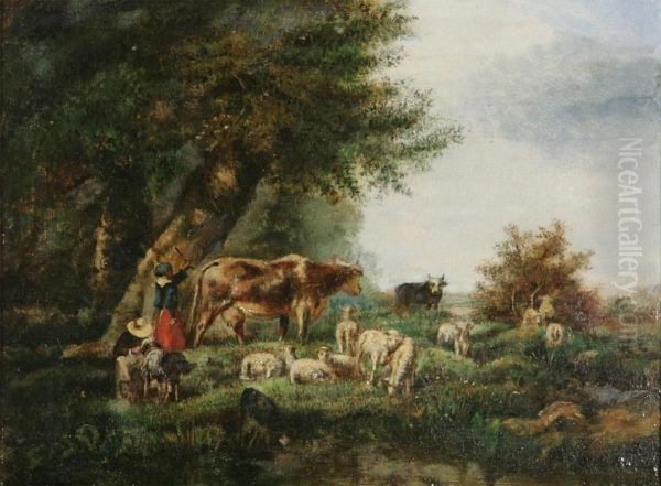 Attributed Shepherds With Herd Oil Painting by Henri Jos. Gommarus Carpentero