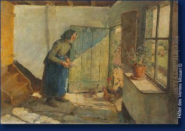 Fermiere Nourrissant Les Poules Oil Painting by Evariste Carpentier