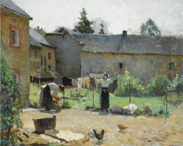 Women Hanging The Laundry Out To Dry In A Courtyard Oil Painting by Evariste Carpentier