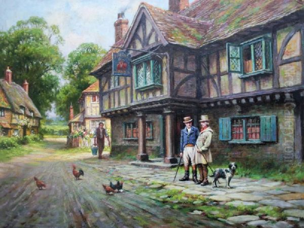 Village Street Scenes, Period Interiors, Cavaliers, Mail Coaches,tintern Abbey, Harvest Scene Etc. Oil Painting by Leonard Carr Cox