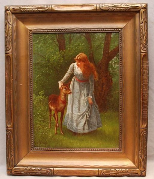 A Young Lady With A Doe Oil Painting by Samuel S. Carr