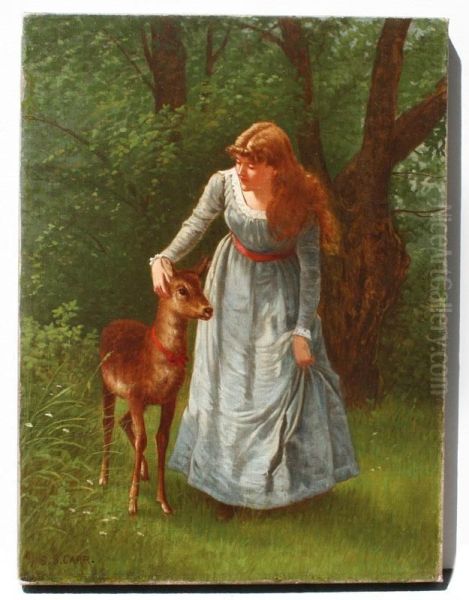 Young Woman With Deer Oil Painting by Samuel S. Carr