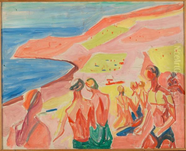 People Sunbathing in a Bay Oil Painting by Edvard Munch