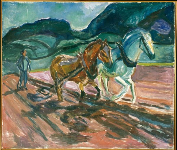 Ploughing Horses Oil Painting by Edvard Munch