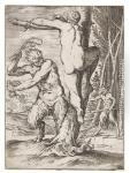 Satyr Eine Nymphe Schlagend Oil Painting by Agostino Carracci