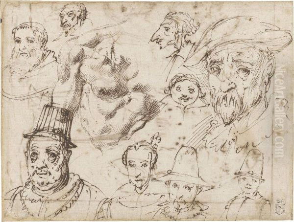 Nine Studies Of Heads And A Partial Study Of A Torso Oil Painting by Agostino Carracci