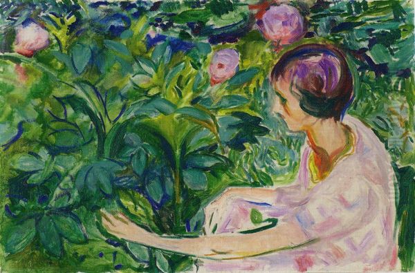 Woman with Peonies Oil Painting by Edvard Munch