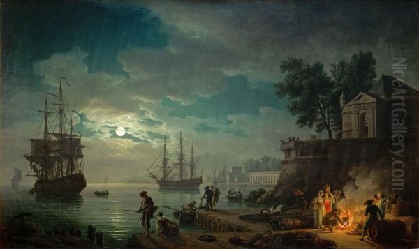 La nuit ; un port de mer au clair de lune Oil Painting by Joseph Vernet