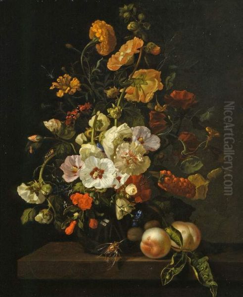 Flowers in a glass vase, with insects and peaches, on a marble ledge Oil Painting by Rachel Ruysch