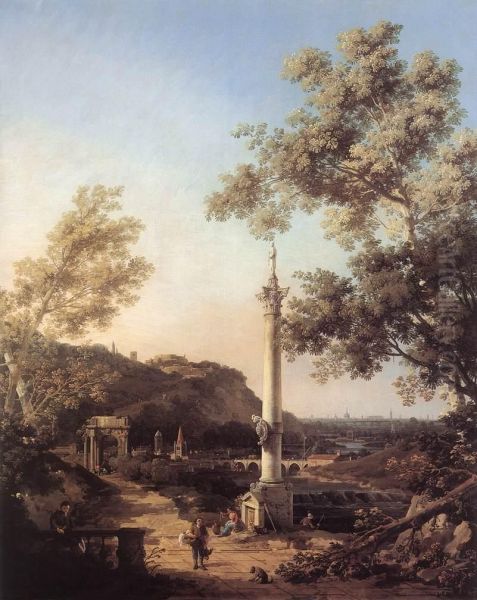 Capriccio: River Landscape with a Column Oil Painting by Canaletto