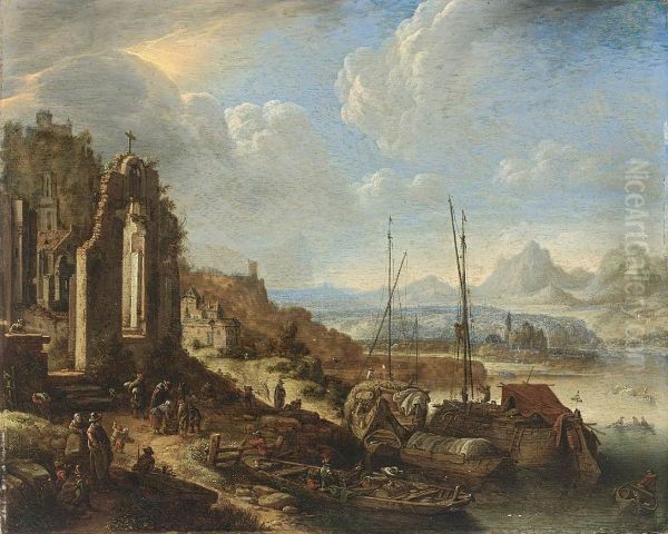 Rhenish River Landscape Capriccio Oil Painting by Herman Saftleven