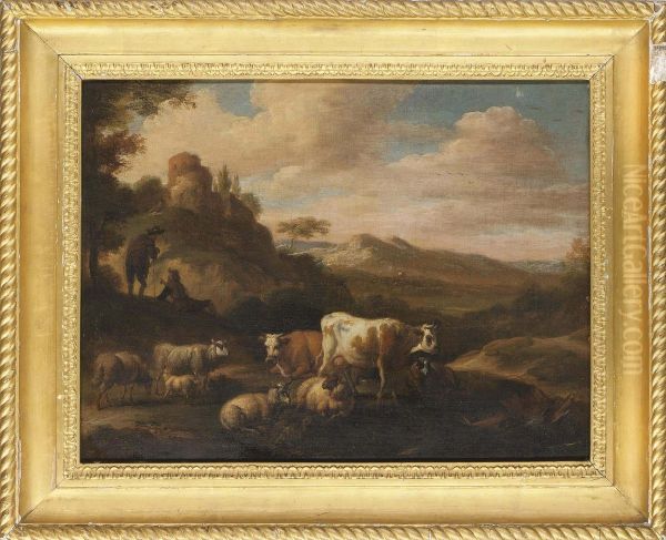 An Italianate Landscape With Cattle And Shepherds Oil Painting by Michiel Carre