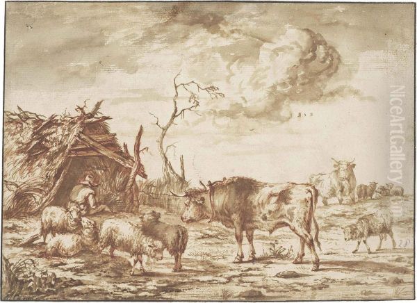 A Herdsman With His Cattle Oil Painting by Michiel Carre