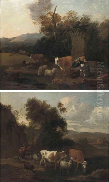 A Wooded Landscape With A Drover And Her Cattle At Rest Byclassical Ruins Oil Painting by Michiel Carre