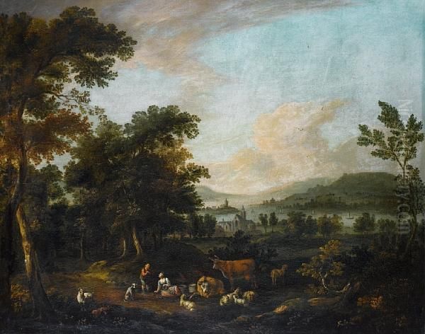 An Extensive River Landscape With A Shepherdand Shepherdess Resting Beneath Trees Oil Painting by Michiel Carre