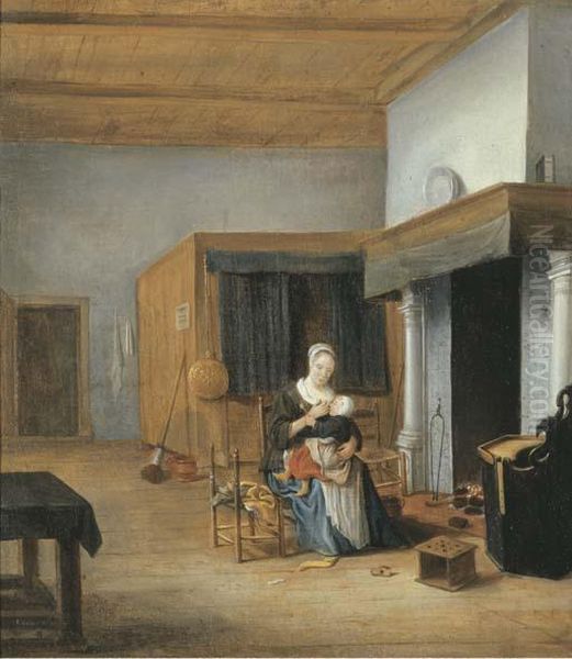 An Interior With A Woman Seated By The Fire Holding A Child Uponher Lap Oil Painting by Franciscus Carree