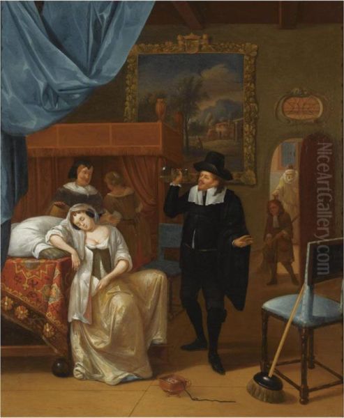 A Bedroom Interior With An Ill Lady And A Doctor, Other Figures Inthe Background Oil Painting by Hendrik Carree