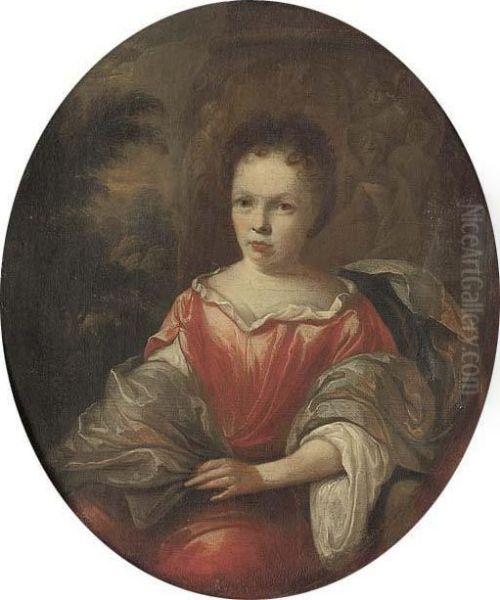 Portrait Of A Lady, Seated, Three-quarter-length, In A Red Satindress With A Blue Mantle, A Classical Relief And A Wooded Landscapebeyond Oil Painting by Hendrik Carree