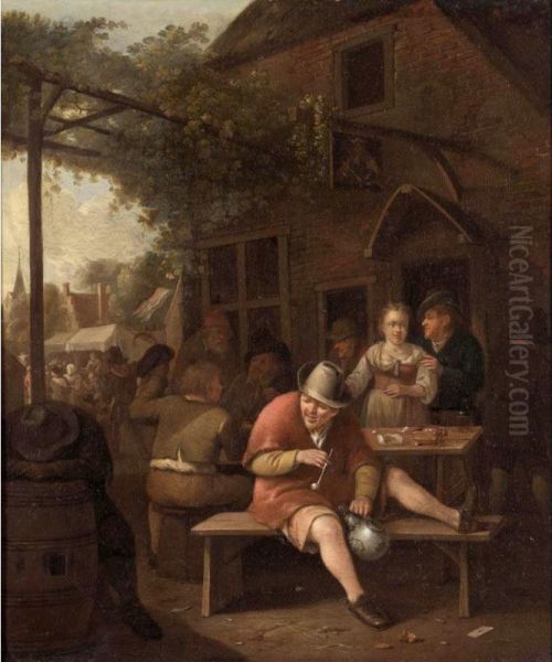 Figures Smoking And Drinking Outside An Inn Oil Painting by Hendrik Carree