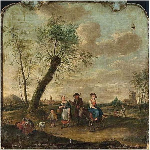 A Landscape With A Farmers' Family; Together With Four Other Works Oil Painting by Johannes Carree