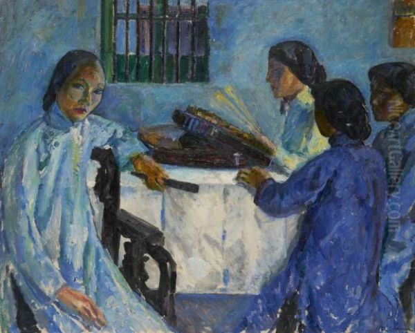 Lecon De Musique A Hanoi Oil Painting by Augustin Carrera