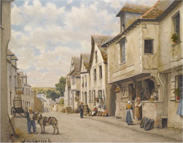 Street In Josselin, Morbihan, Brittany; Old House In Market Place, Lannion, Brittany Oil Painting by John Mulcaster Carrick