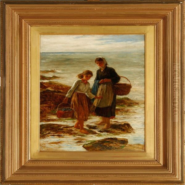 Girls Gathering Mussels On The Beach Oil Painting by Robert Carrick