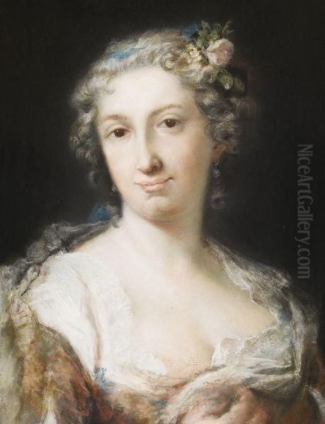 Dame In Blauem, Buntgeblumten Kleid Oil Painting by Rosalba Carriera