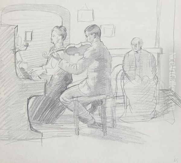 Ted At The Violin - A Study Of The Artist's Family Oil Painting by Dora Carrington