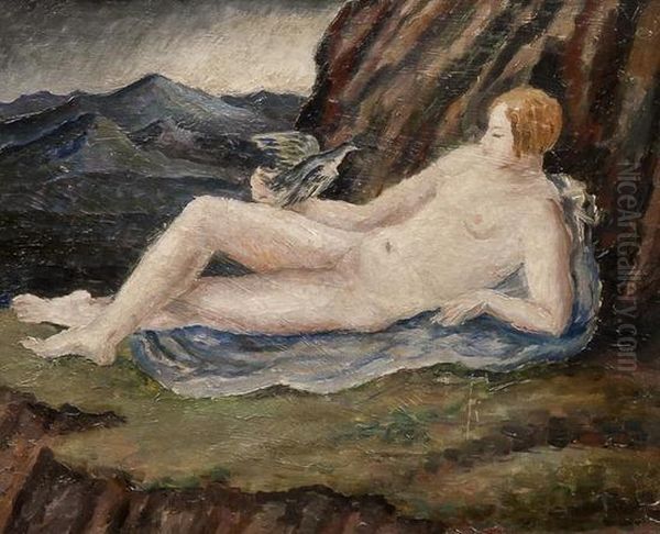 Reclinging Nude With Dove In A Mountainous Landscape (portrait Of Henrietta Bingham) Oil Painting by Dora Carrington