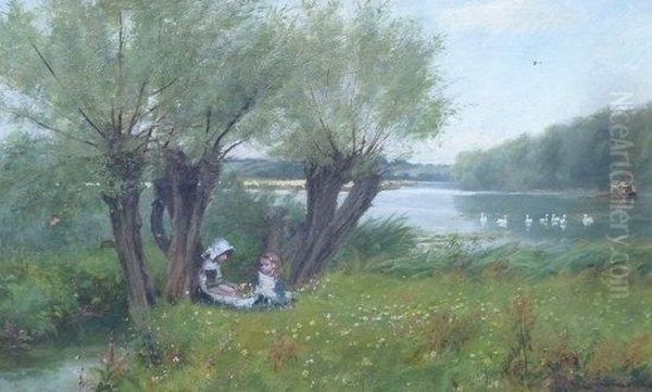 Young Girls With Flowers On A River Bank Oil Painting by James Yates Carrington