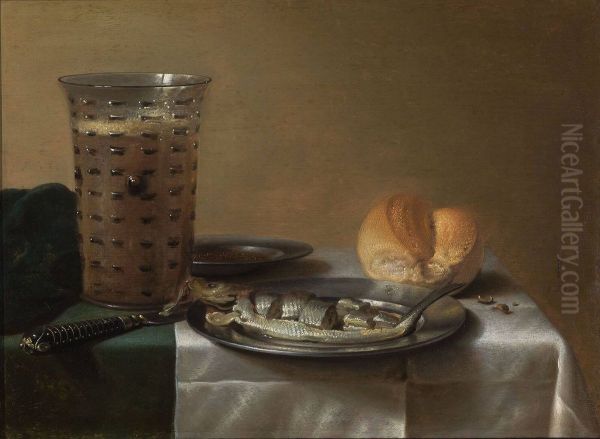 Stilleven met glas bier en bokking op bord Oil Painting by Pieter Claesz