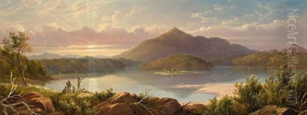 Aborigines Overlooking Lake Tilba And Mt Dromedary Oil Painting by James Howe Carse