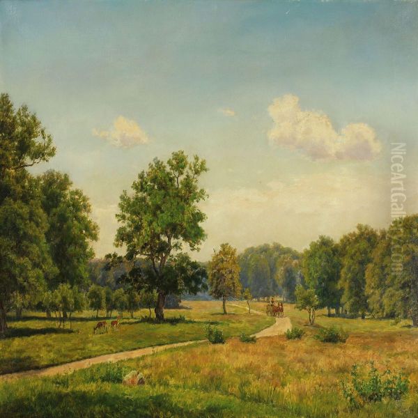 View From Dyrehaven With Deer And Carriage On A Gravel Road Oil Painting by Carsten Henrichsen